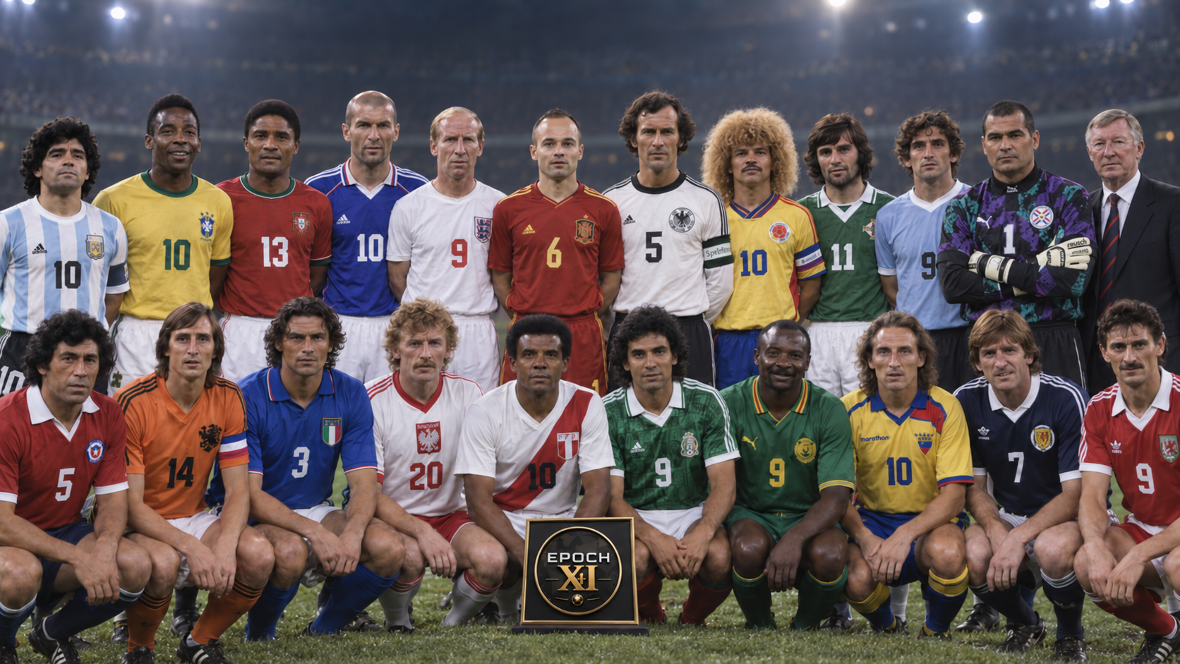 Legendary football players and a manager gathered across eras and nations in a unified stadium team portrait