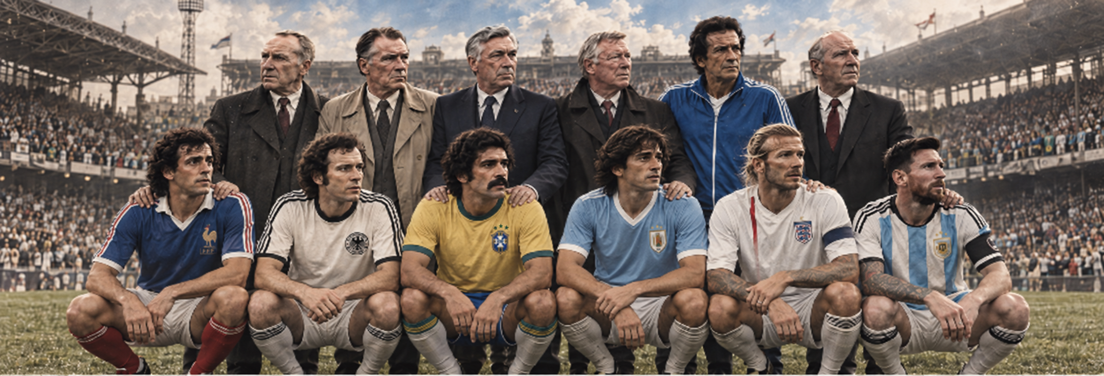 Historic football managers and players in a unified stadium team portrait